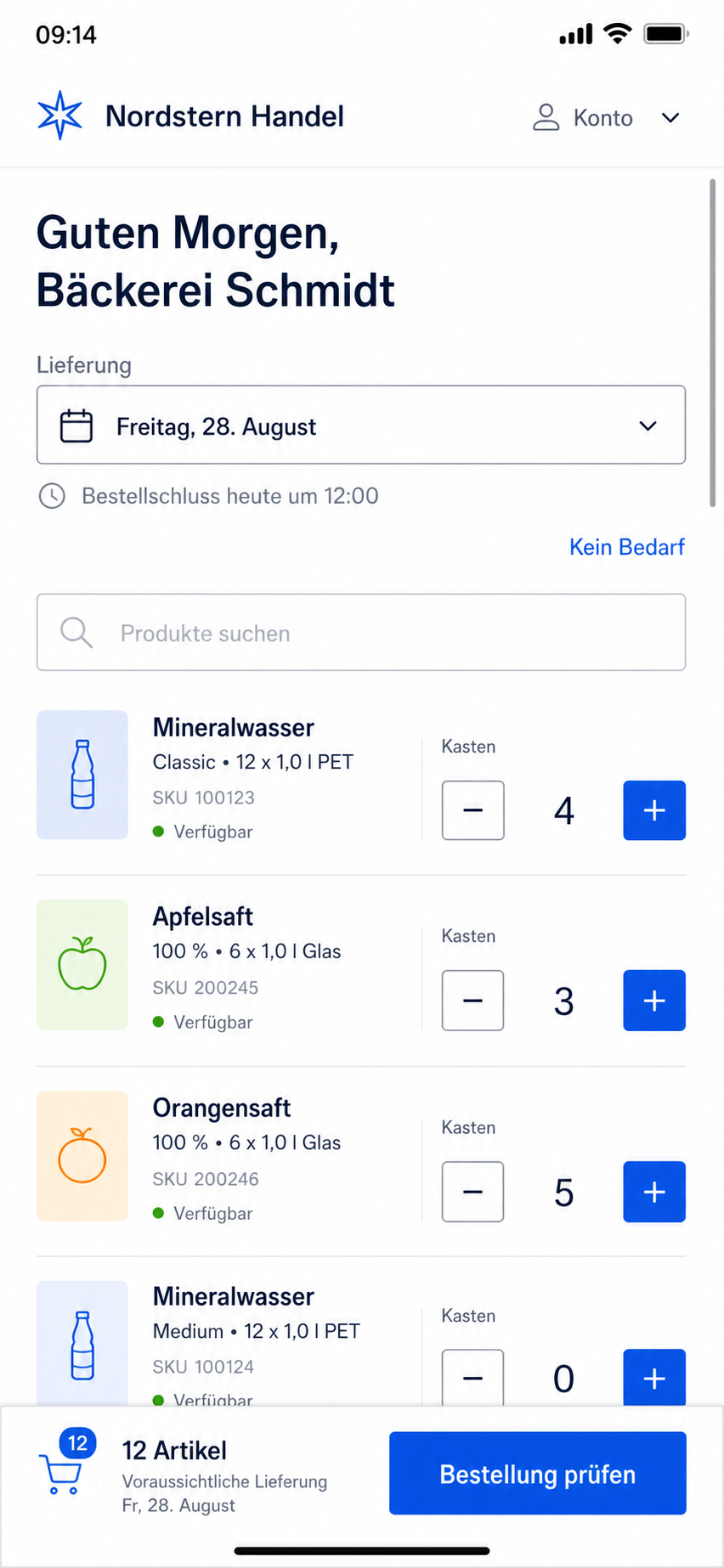 Kundenportal: wiederkehrende Produkte mobil auswählen und Bestellung prüfen